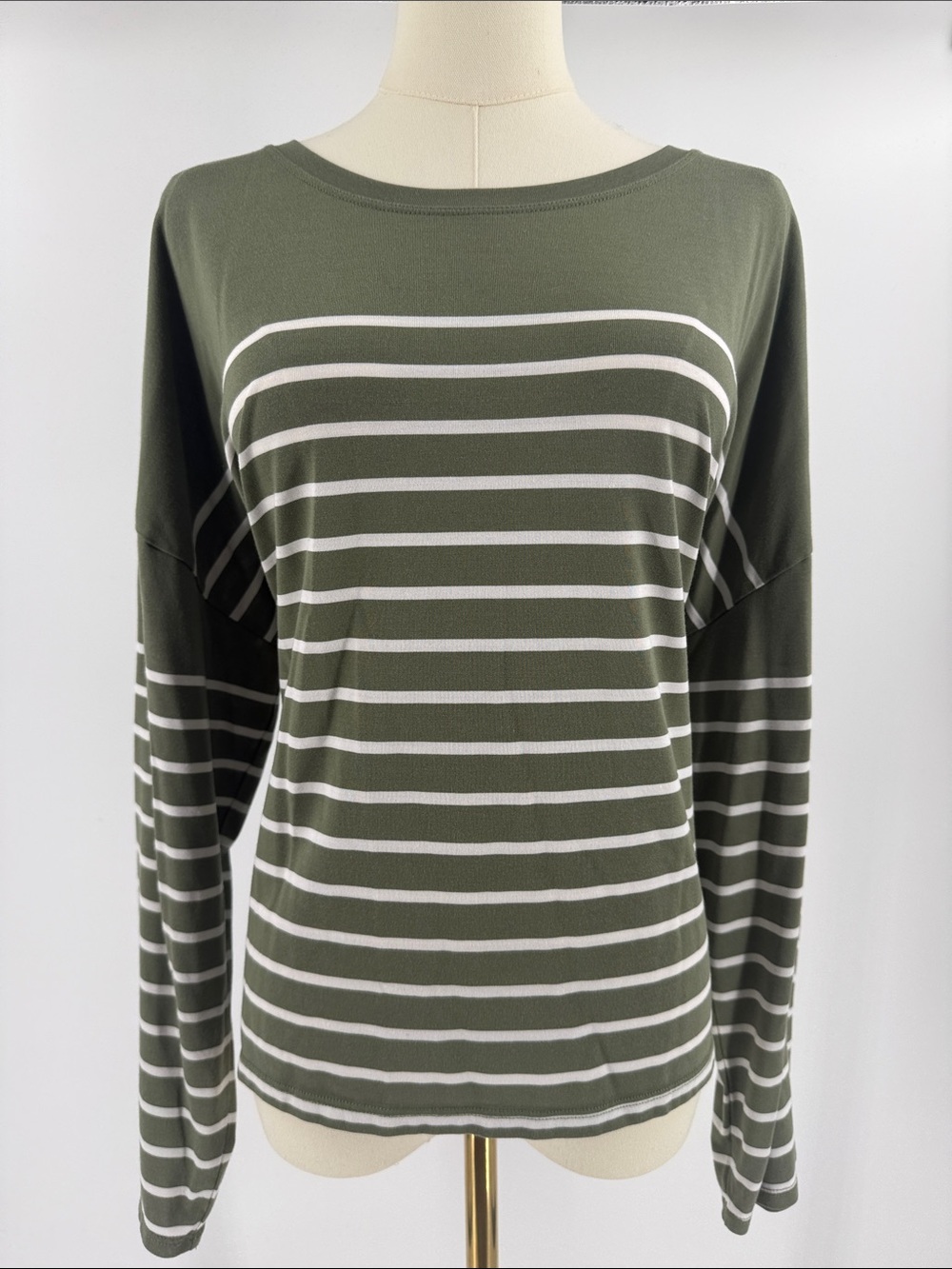 Striped Olive Green Long-Sleeve Boatneck Top